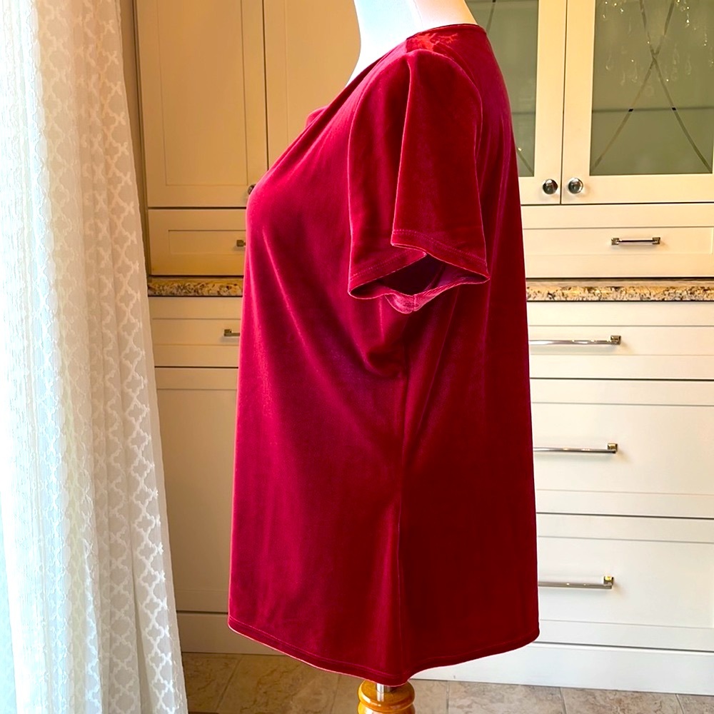 Short sleeve top by White House Black market in deep red velvet fabric. - Picture 2 of 5